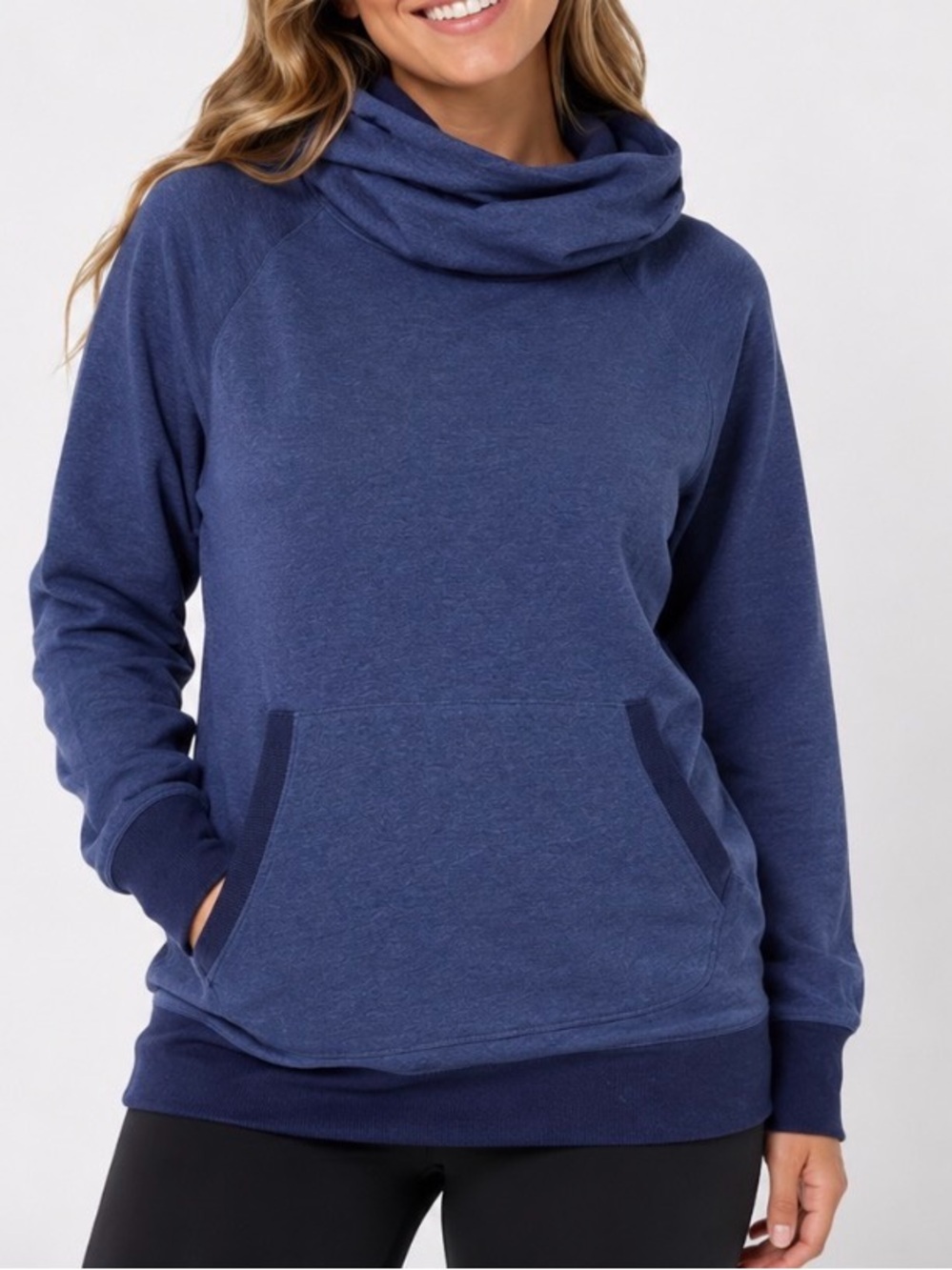 L.L. Bean Navy Blue Cowl Neck Sweatshirt pullover front pockets SZ LG